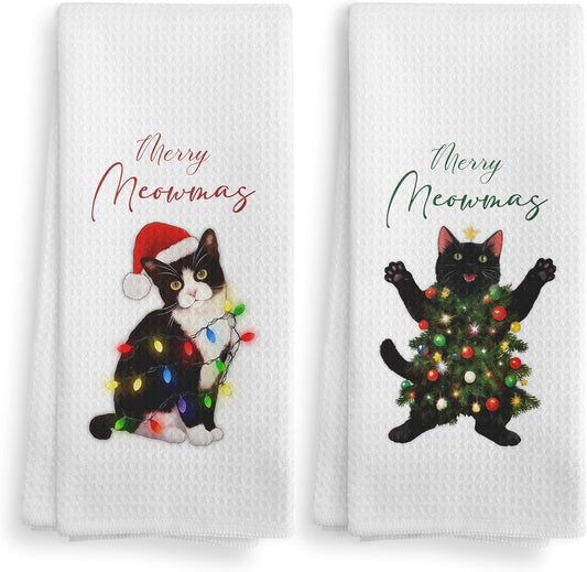 Black Cat Christmas Tree Lights Decor Kitchen Towels and Dishcloths Set of 2, Cat for Cat Lovers, Funny Cat Drying Cloth Hand Towels Tea Towels for Bathroom, 16×24 Inches