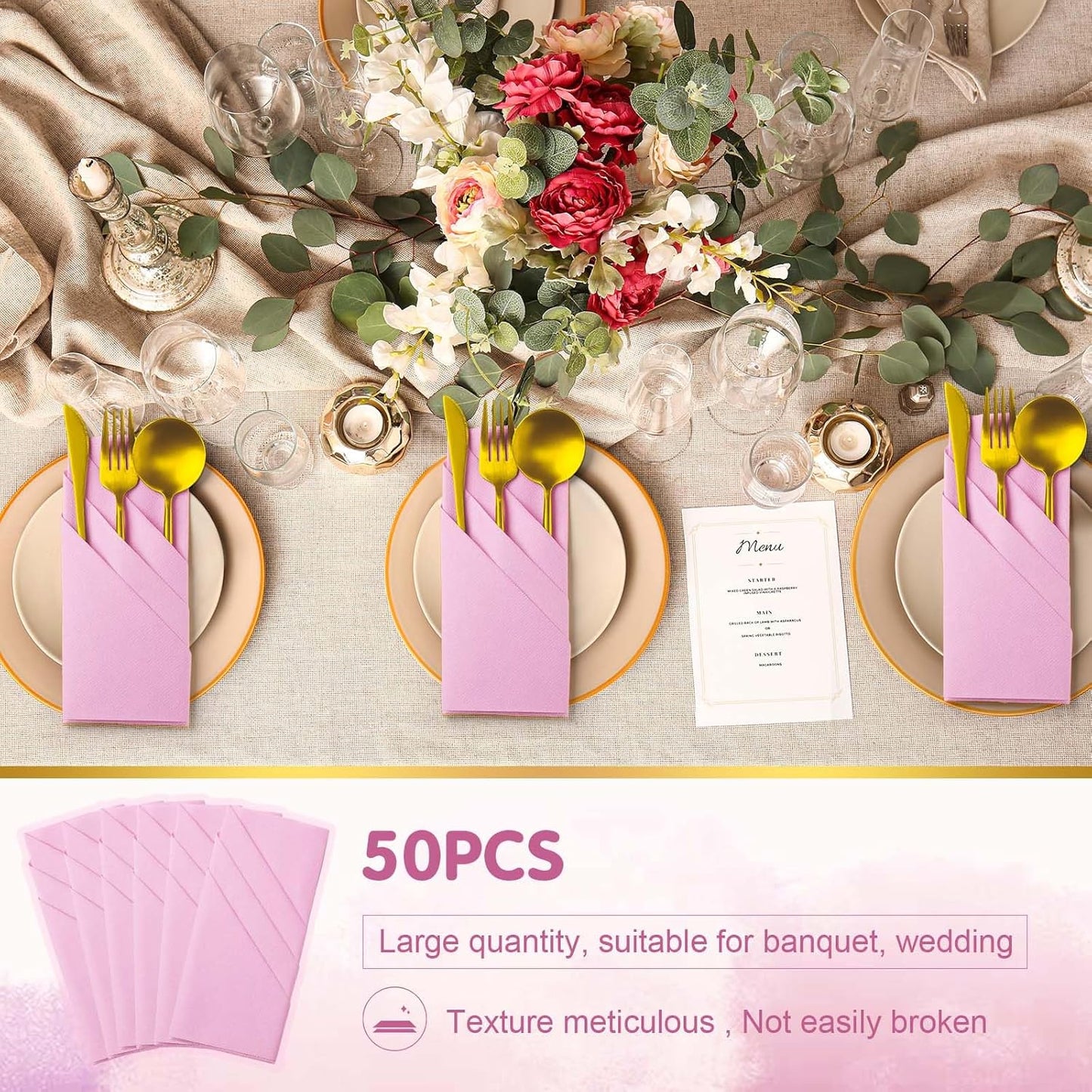 Qilery 50 Pcs Paper Linen Napkins Disposable Airlaid Paper Prefolded Dinner Napkins with Built in Flatware Pocket for Silverware Valentine Wedding Party Christmas Day (Pink)