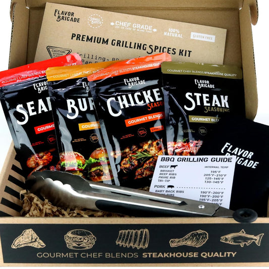 Flavor Brigade Gourmet Grilling Spices Gift Set for Guys, Dad, Men, BBQ Grill Accesories, Smoker, Seasonings, Rub, Steak, Burgers, Chicken, Fish & Stainless Tongs (4 Bags, 7 Piece Set)