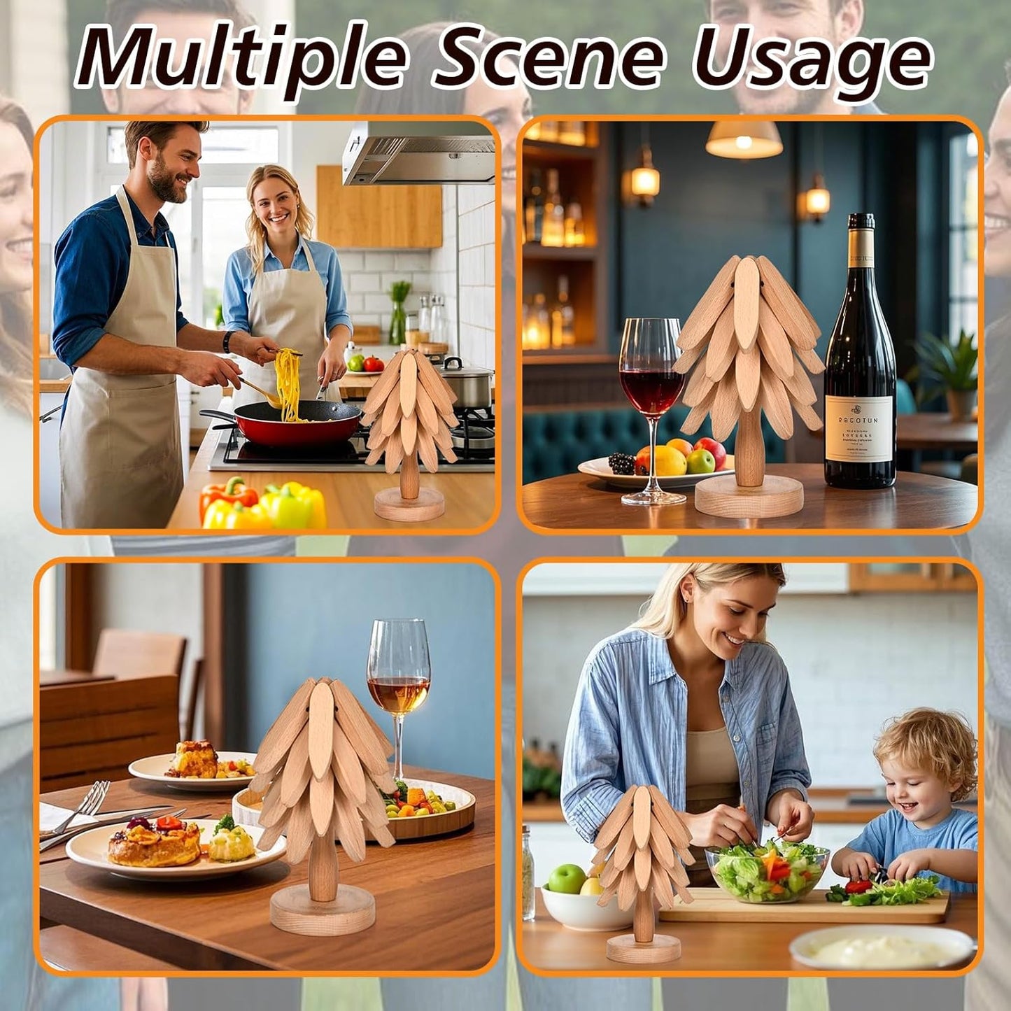 Trivets for Hot Dishes，Tree Shape Trivet Set,5 Wooden Trivets + 1 Stand， Heat-Resistant Foldable Wooden Tree Trivet Set for Pot、Bowl、Teapot、Hot Pot Holder