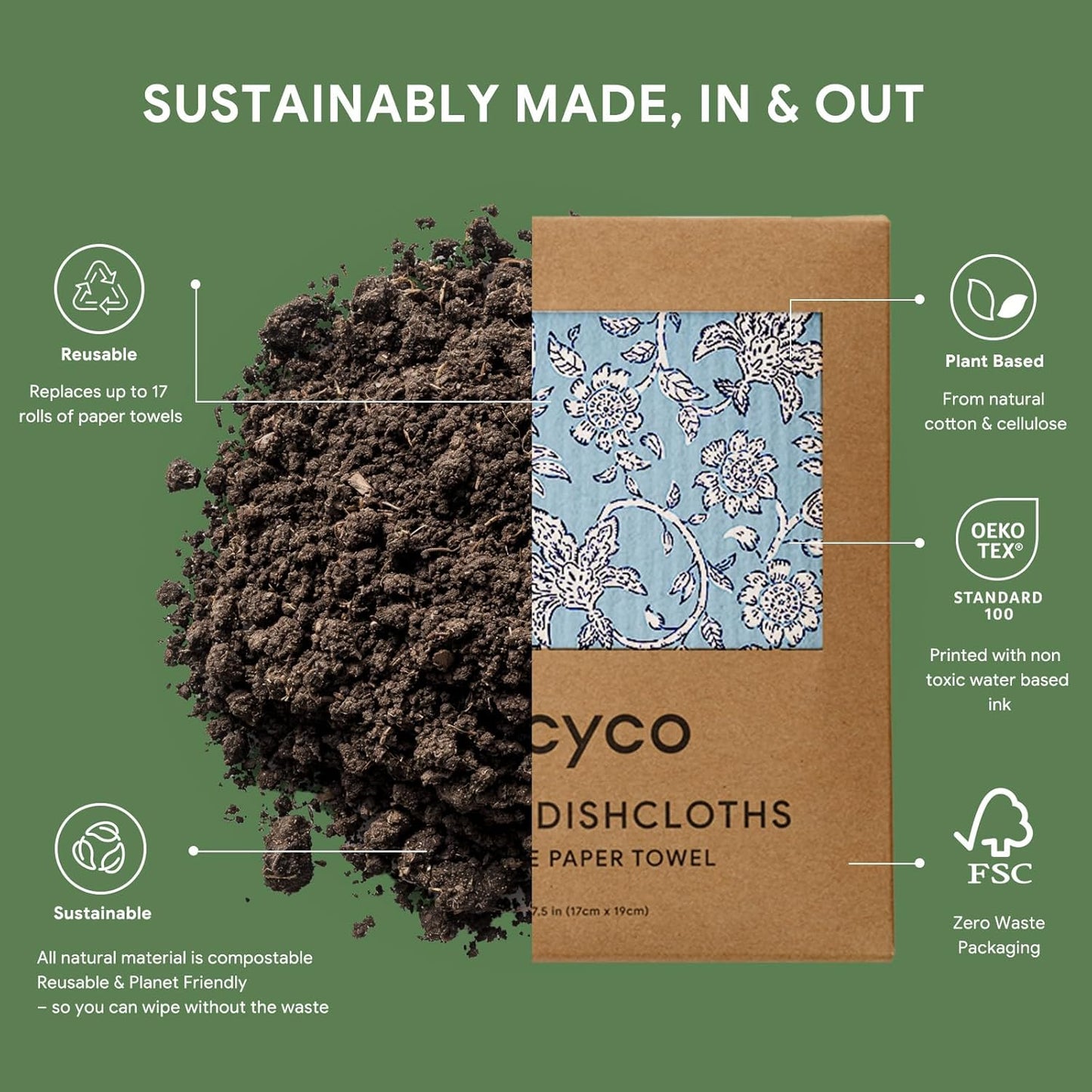 RECYCO Swedish Dishcloths for Kitchen | 6 Pack Heritage Florals Blue Washable Dish Rags | Cellulose Reusable Cleaning Paper Towels | Absorbent Counter Dish Cloth Sponge Kitchen Wipes, 8" L x 7" W