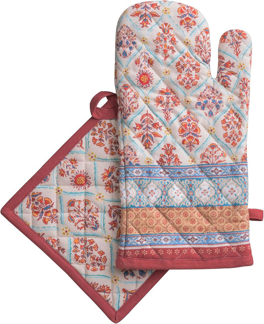 Maison d' Hermine 100% Cotton Oven Mitt & Pot Holder Set (7.5"x13" & 8"x8") Heat Resistant BBQ Cooking Gloves with Loop for Thanksgiving Christmas Decorations Handling Hot Pans (Romane)