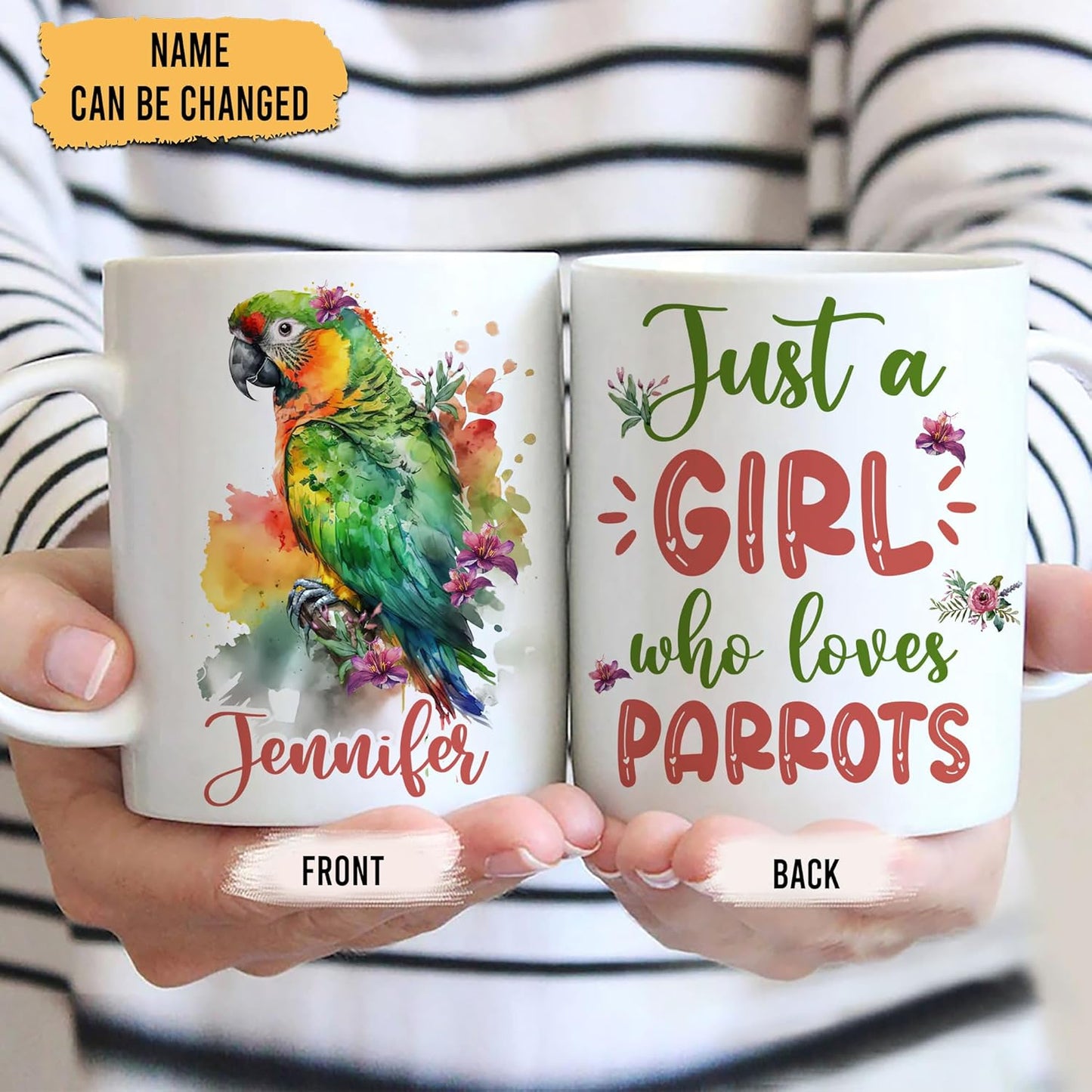 Hyturtle Personalized Gifts Parrot Lover - Just A Girl Who Loves Parrots Custom Name Ceramic Coffee Mug Cup 11oz - Idea Cute Animal Lover Gifts For Women, Girl Daughter On Birthday, Christmas