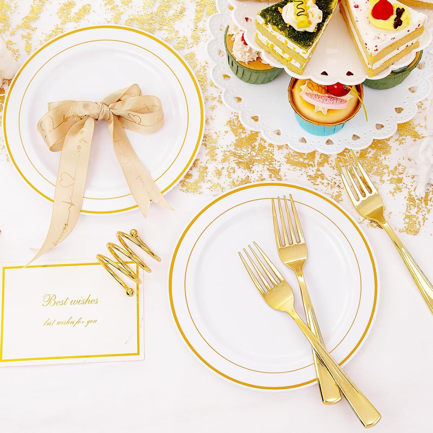 I00000 144 Small Plastic Dessert Plates Set Include 72 Pcs Gold Dessert Plates 7.5" with 72 Pcs Forks 7.5",Disposable Cake Plate,Fancy White Gold Plastic Small Plates for Party