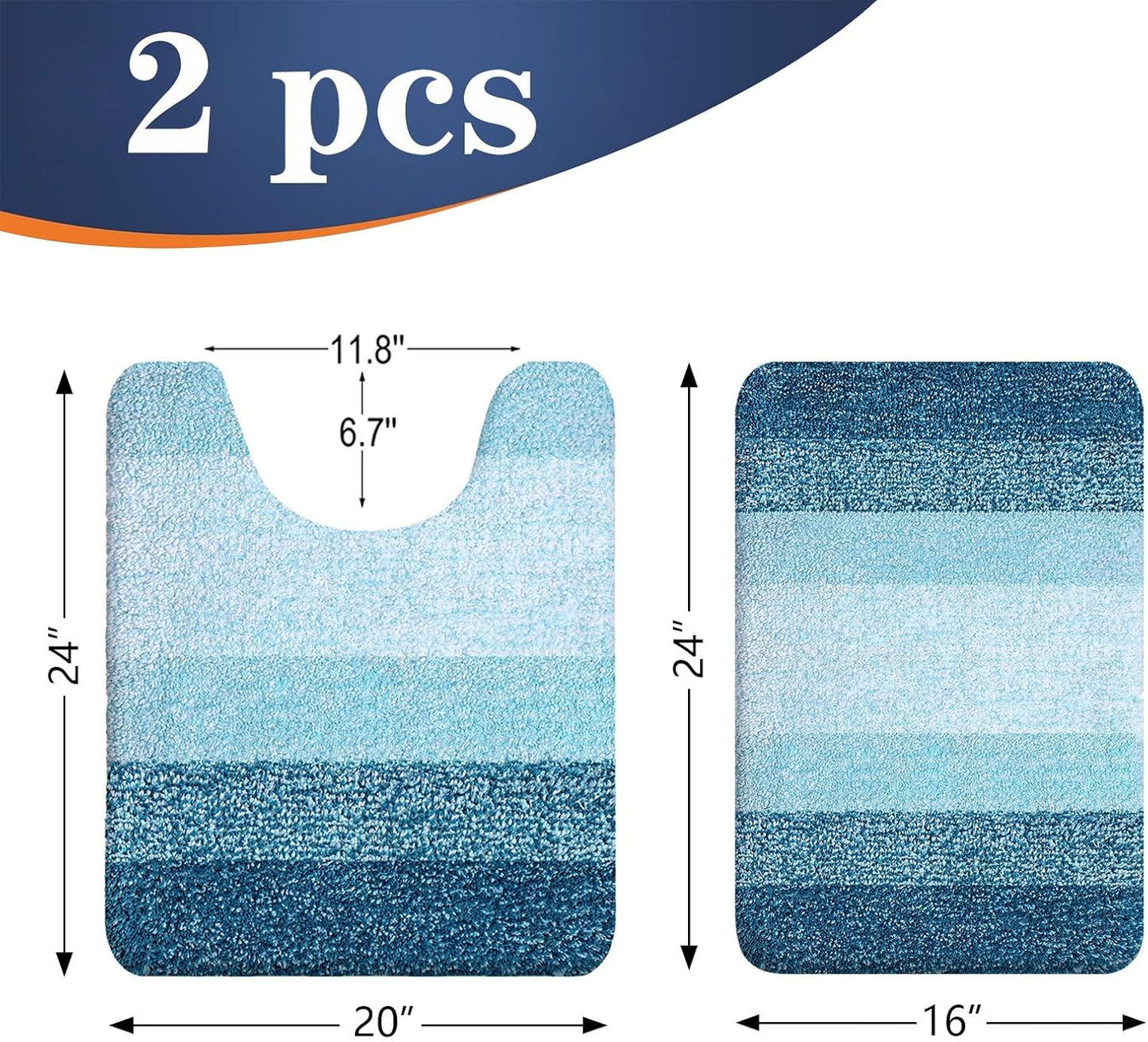 OLANLY Bathroom Rug Set 2 Piece, Soft Absorbent Microfiber Bath Mats and U-Shaped Contour Toilet Rug, Non-Slip, Machine Wash Dry, Plush Shaggy Bath Mats for Bathroom (24"x16"+24"x20", Peacock Blue)