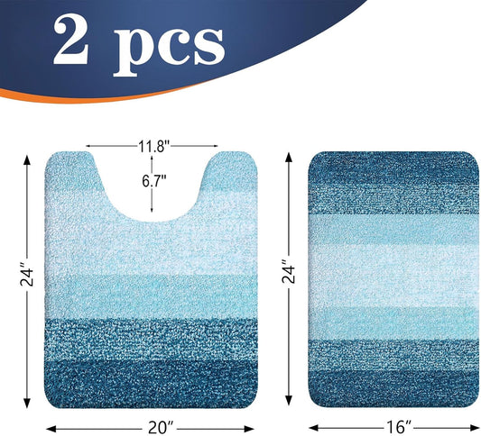 OLANLY Bathroom Rug Set 2 Piece, Soft Absorbent Microfiber Bath Mats and U-Shaped Contour Toilet Rug, Non-Slip, Machine Wash Dry, Plush Shaggy Bath Mats for Bathroom (24"x16"+24"x20", Peacock Blue)
