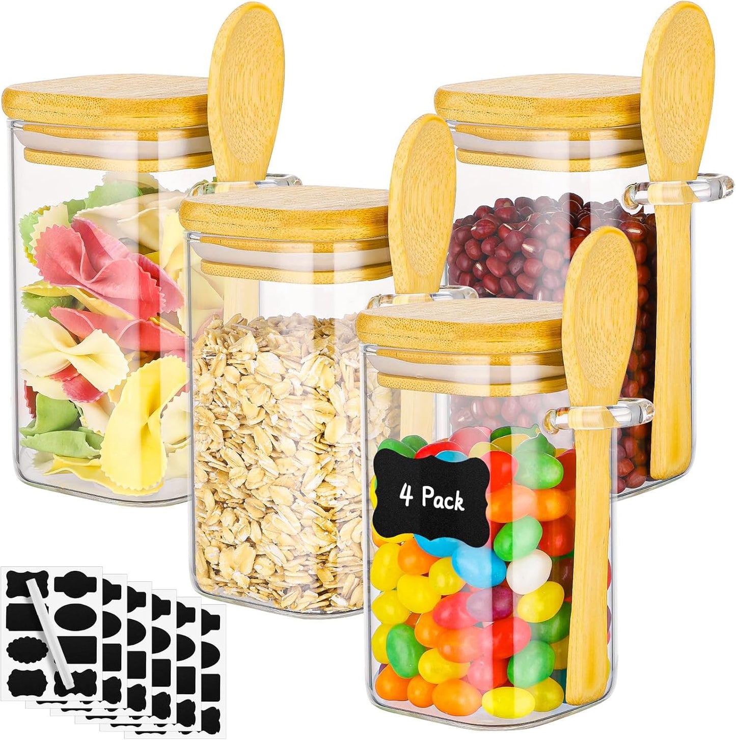 Glass Jars with Bamboo Lids Set of 4, 8 Fl.oz Square Glass Spice Jars with Lid and Spoon, Small Food Canister Stackable Pantry Container for Honey Jam, Seasoning, Tea, Coffee and Sugar