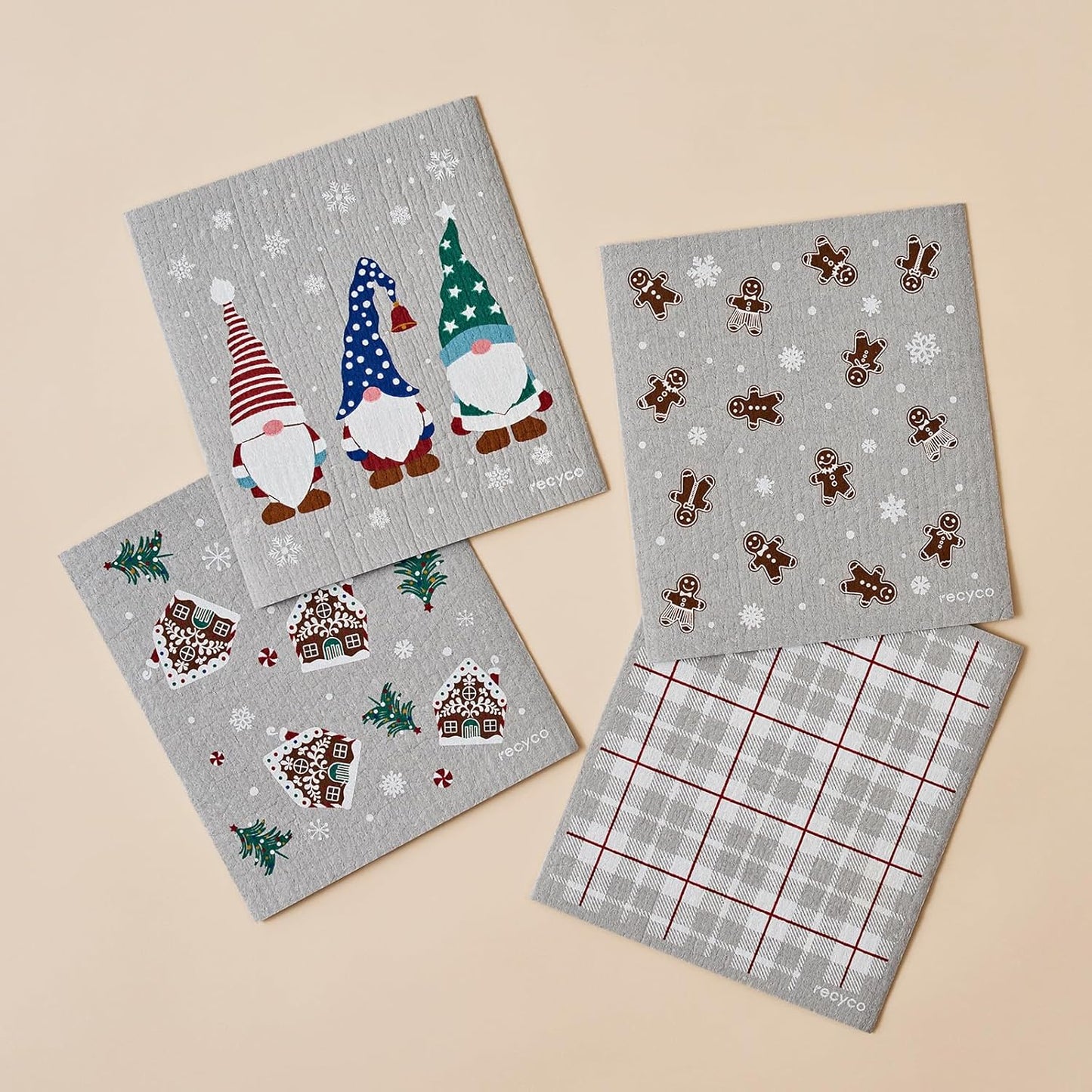 RECYCO Swedish Dishcloths for Kitchen | 4 Pack Cookie Joy Washable Dish Rags | Cellulose Reusable Cleaning Paper Towels | Absorbent Counter Dish Cloth Sponge Kitchen Wipes, 8" L x 7" W