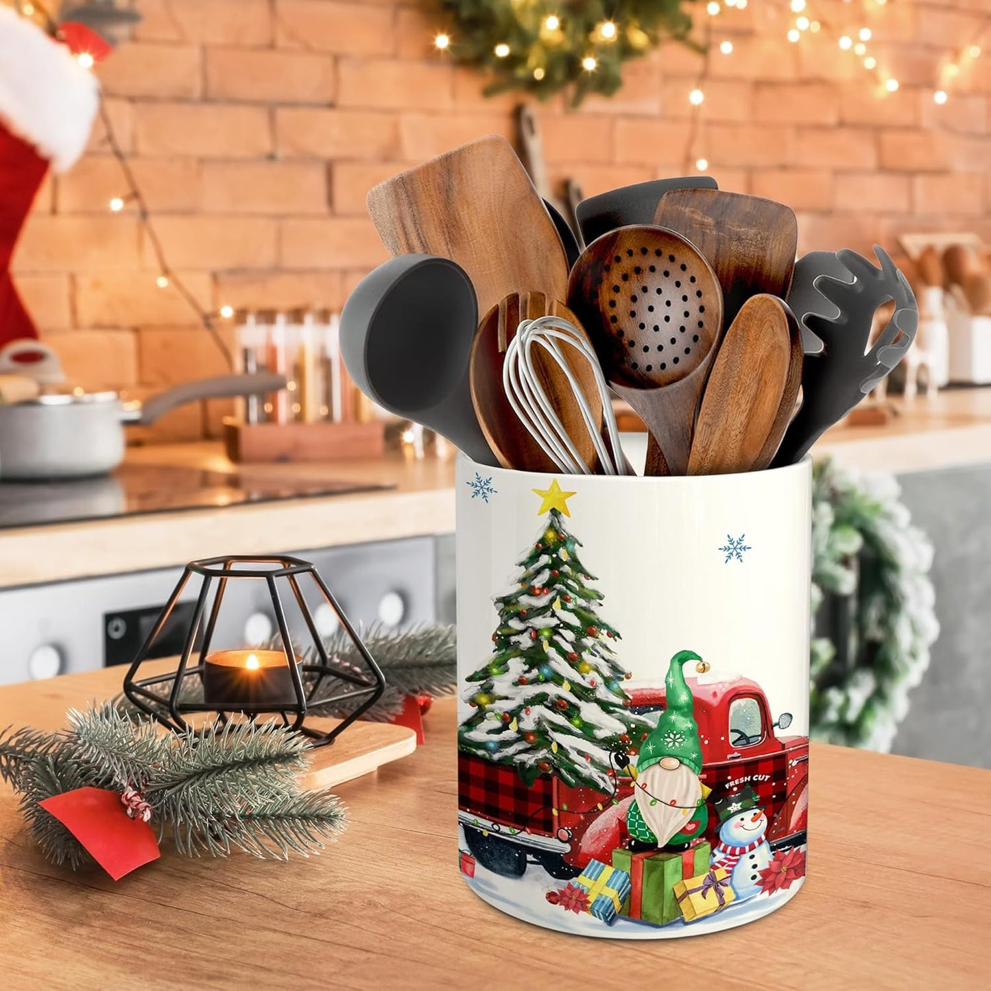 pinata Christmas Kitchen Decor Ceramic Utensil Holder, Cute Christmas Gnome Truck Utensils Holder, Xmas Ceramic Utensils Crock for Rustic Farmhouse Indoor Kitchen Decorations(6.3 Inches)