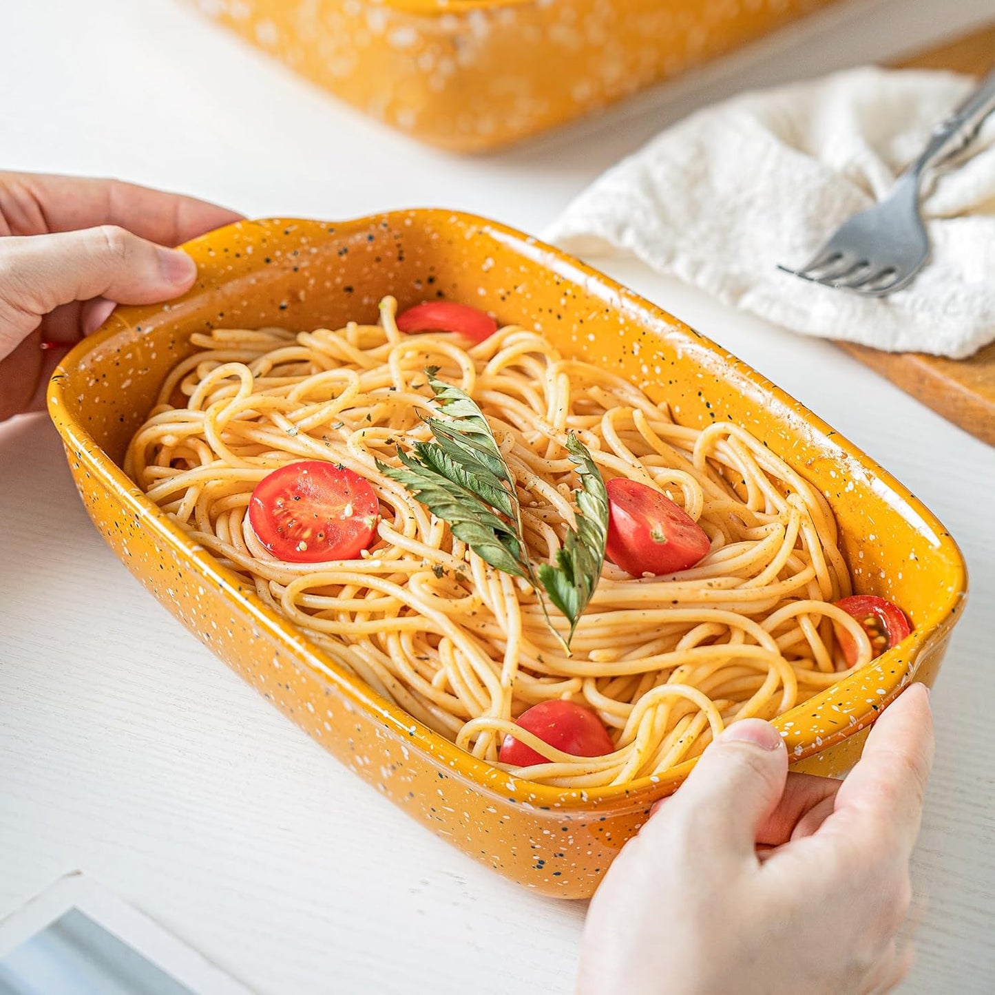 Ceramic Baking Dish Set of 3, Casserole for Oven,Rectangular Bakeware Dishes with Handles,Lasagna Pan Deep,Handcraft Speckle Stoneware Series (13.8''/12''/9.6''Orange)