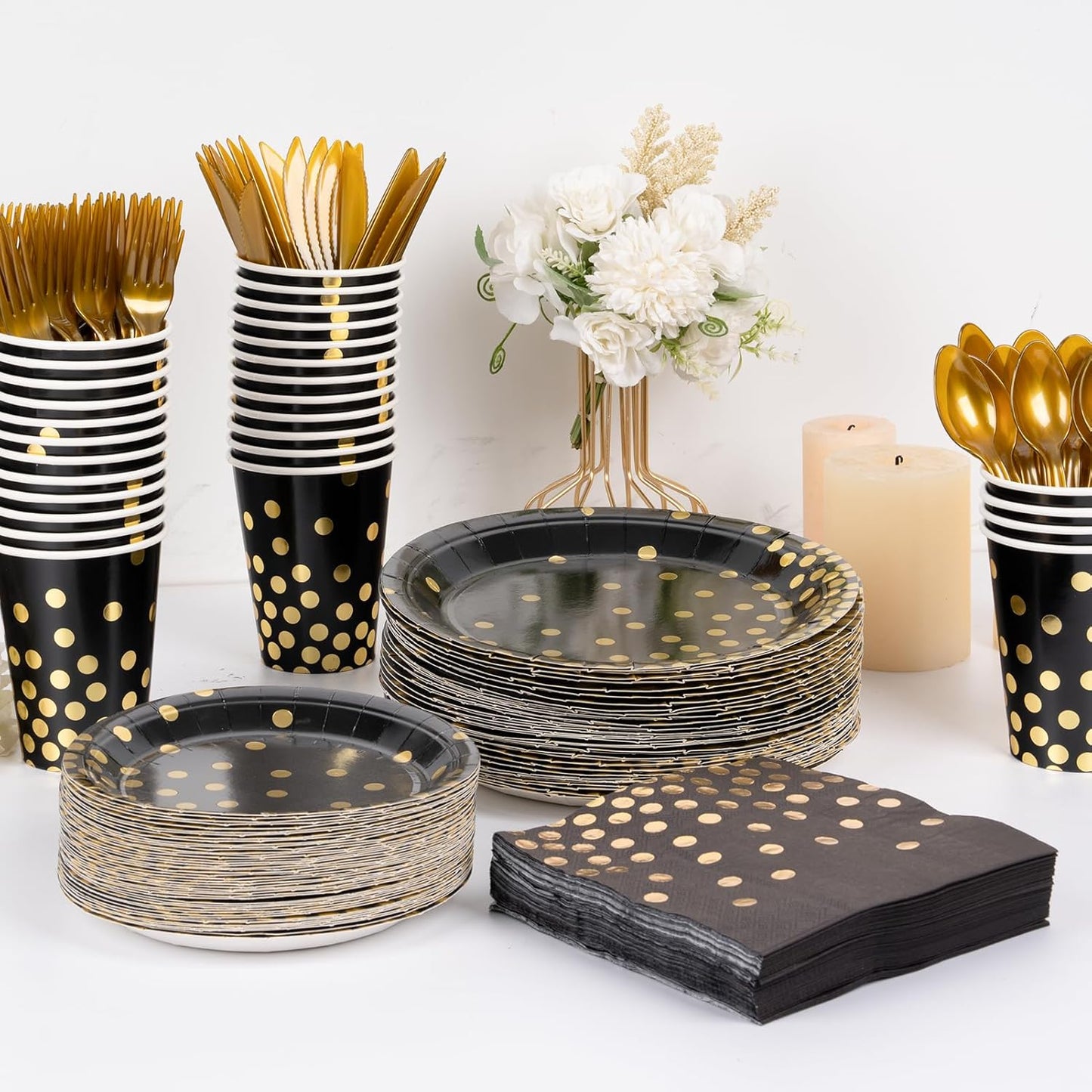 DECORLIFE 336PCS Black and Gold Disposable Dinnerware Set Serves 48, Black Paper Plates Napkins Cups, Gold Plastic Forks Spoons Knives for Graduation New Year Party Supplies