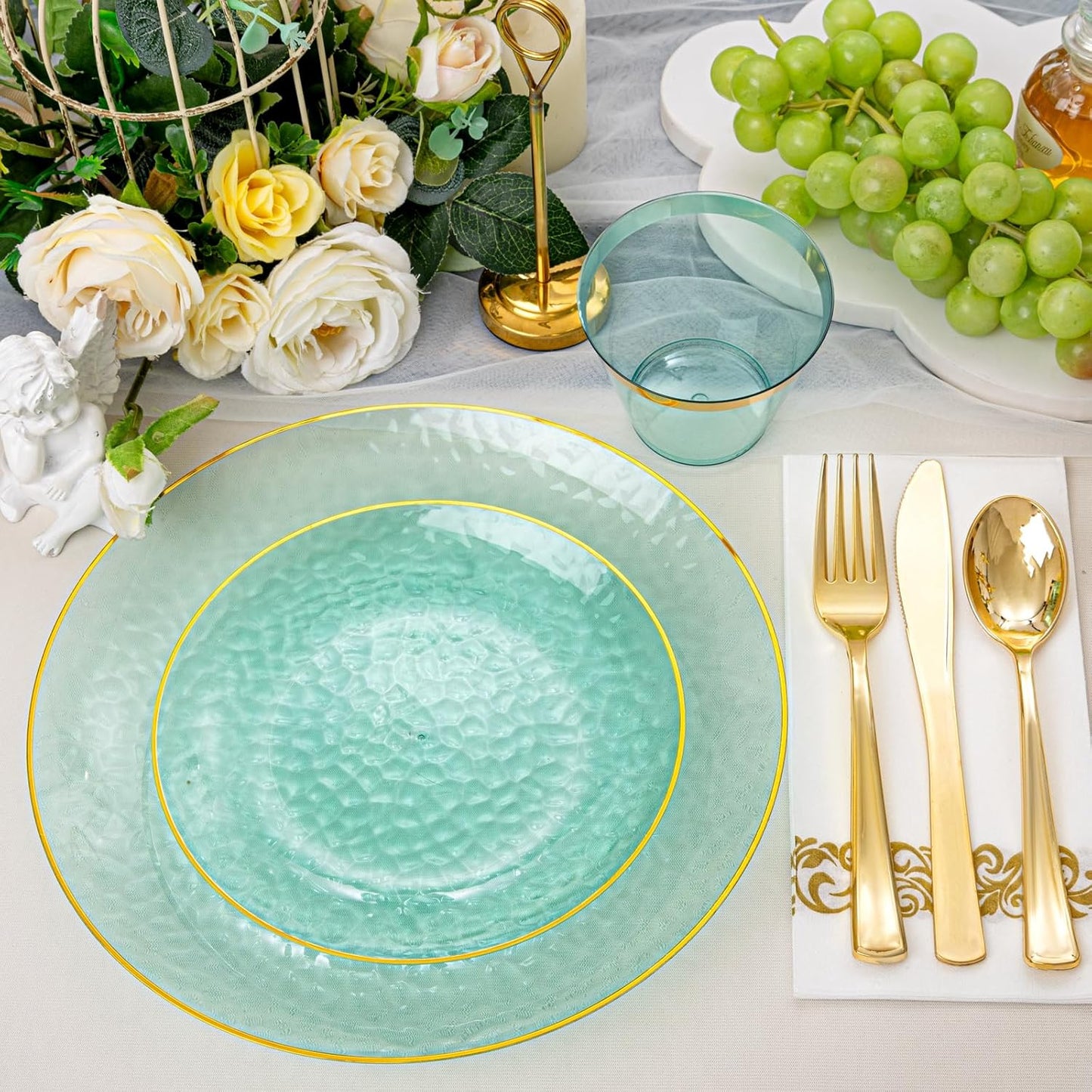 DaYammi 350 Pcs Clear Green Gold Plastic Plates, Hammered Disposable Dinnerware, Clear Green Plates Set Include 100 Plastic Platos, 150 Gold Disposable Silverware, 50 Cups And 50 Napkins for Party