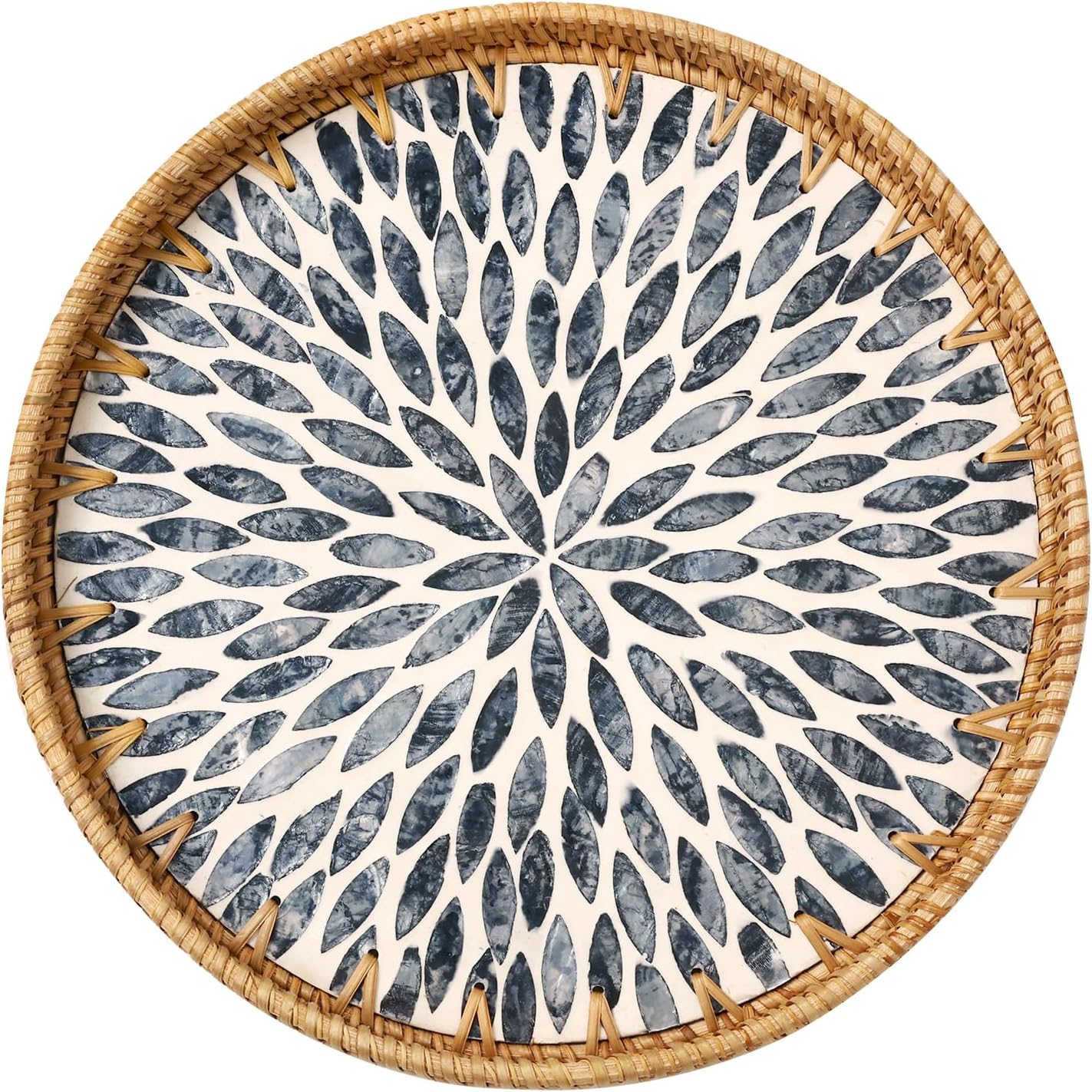 Round Rattan Tray with Mother of Pearl Inlay, Rattan Serving Tray for Coffee, Bread, Fruits, Decorative Wicker Tray for Table Decor, Home Decor, Kitchen Island Decor (Dark Blue Leaf, 11.8")