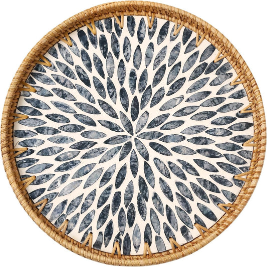 Round Rattan Tray with Mother of Pearl Inlay, Rattan Serving Tray for Coffee, Bread, Fruits, Decorative Wicker Tray for Table Decor, Home Decor, Kitchen Island Decor (Dark Blue Leaf, 11.8")