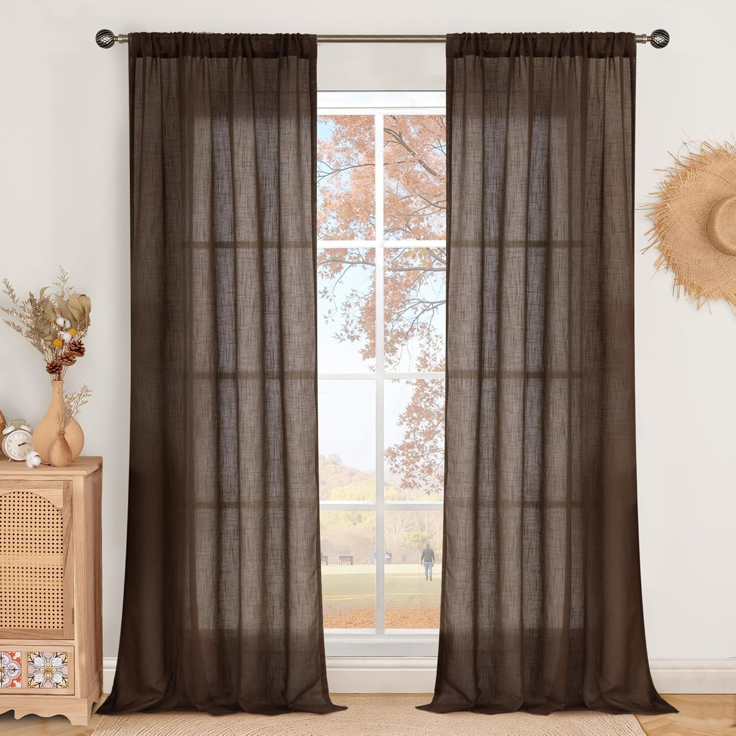 BGment Brown Linen Curtains for Living Room 84 Inch Length, Semi Sheer Lightweight Rustic Country Window Drapes Textured for Bedroom Farmhouse Decor Rod Pocket, 2 Panels Set, Each 38 Inch Wide