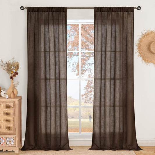 BGment Brown Linen Curtains for Living Room 84 Inch Length, Semi Sheer Lightweight Rustic Country Window Drapes Textured for Bedroom Farmhouse Decor Rod Pocket, 2 Panels Set, Each 38 Inch Wide