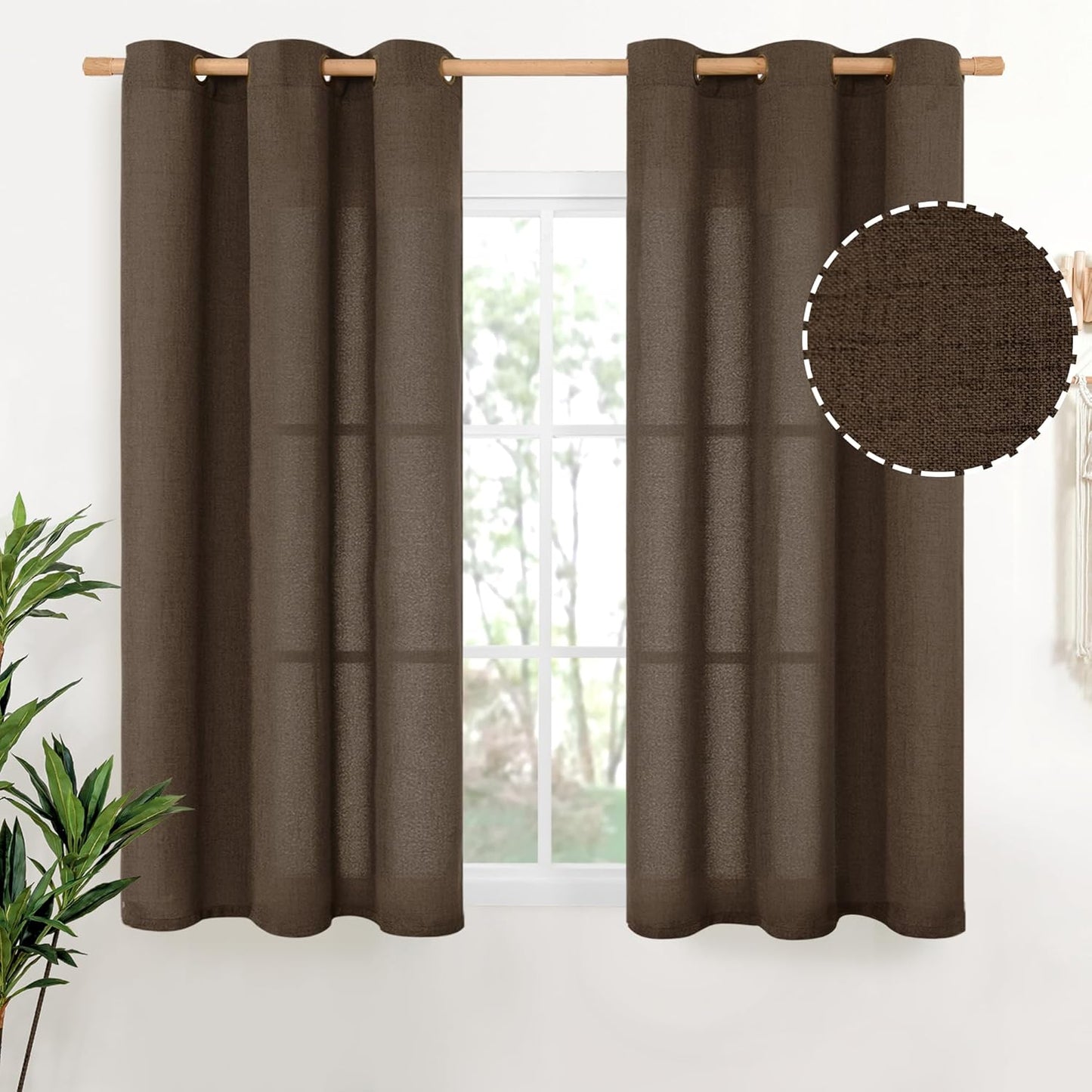 YoungsTex Brown Linen Curtains 45 Inches Length for Short Window, Chocolate Textured Semi Sheer Drapes Light Filtering with Bronze Grommet for Bedroom Bathroom Kitchen Window, 42 x 45 Inch, 2 Panels