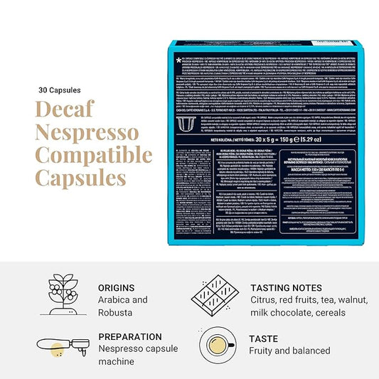 Caffe' Vergnano 1882 Decaf Medium Roast Espresso Original Line Machine Compatible Capsules, Arabica Robusta Espresso Coffee, Italian Coffee for Nespresso Machines, Intensity 5/10, Decaffeinato, 30 Ct