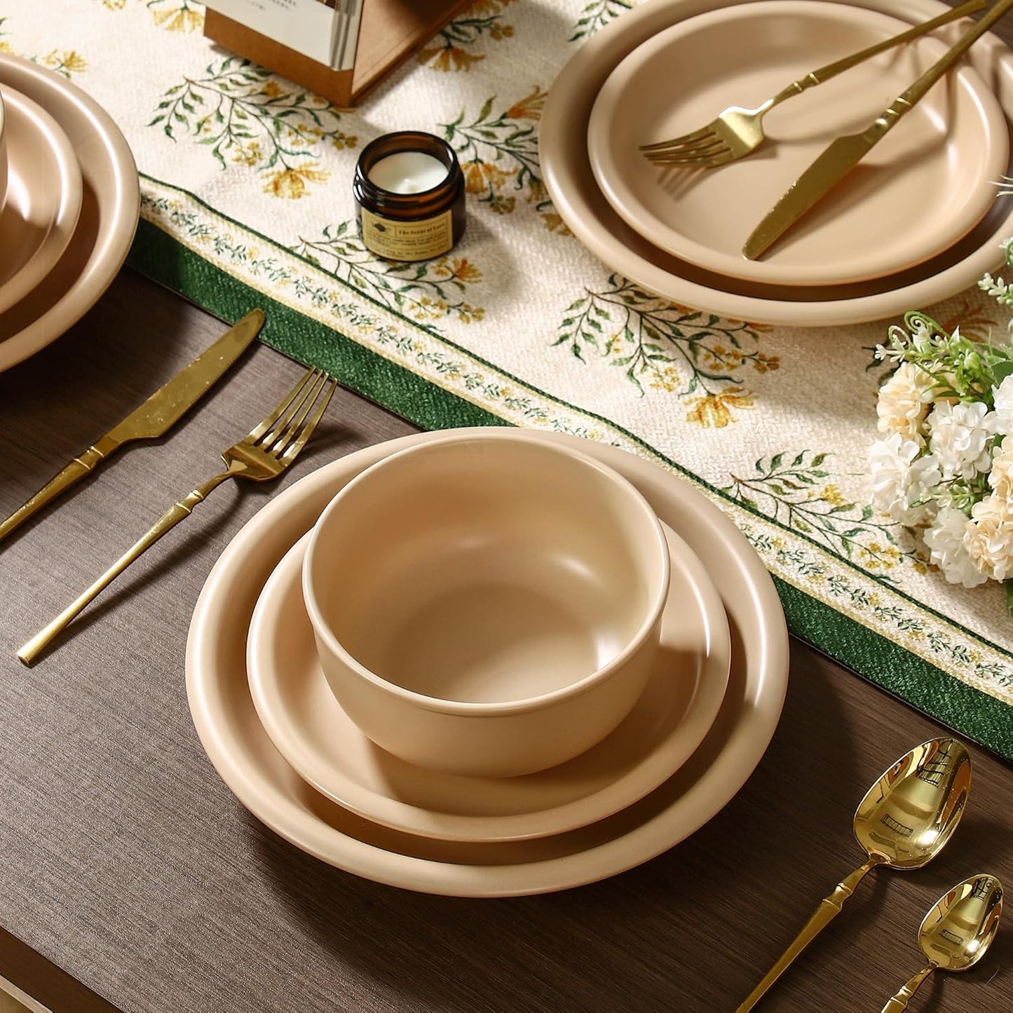 GZG Vintage Series - Ceramic Dinnerware Set for 8, 24 Pieces Stoneware Plates and Bowls Set, Lead-Free, Handcrafted Dishes Set, Microwave & Dishwasher Safe - Warm Apricot