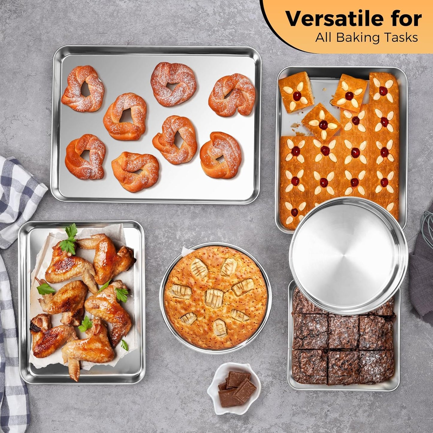 E-far Stainless Steel Baking Pan Set, 6-Piece Metal Bakeware Sets Include Cookie Sheet, Round Square Rectangle Cake Pans, Non-toxic & Dishwasher Safe
