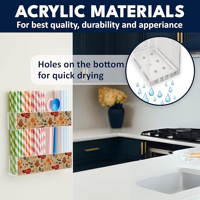 Acrylic Straw Holder for Cabinet Door or Countertop - Clear Organizer & Dispenser with 3 Sets of Decorative Stickers for Reusable Straws, Space-Saving Kitchen Storage, Pantry Organizer