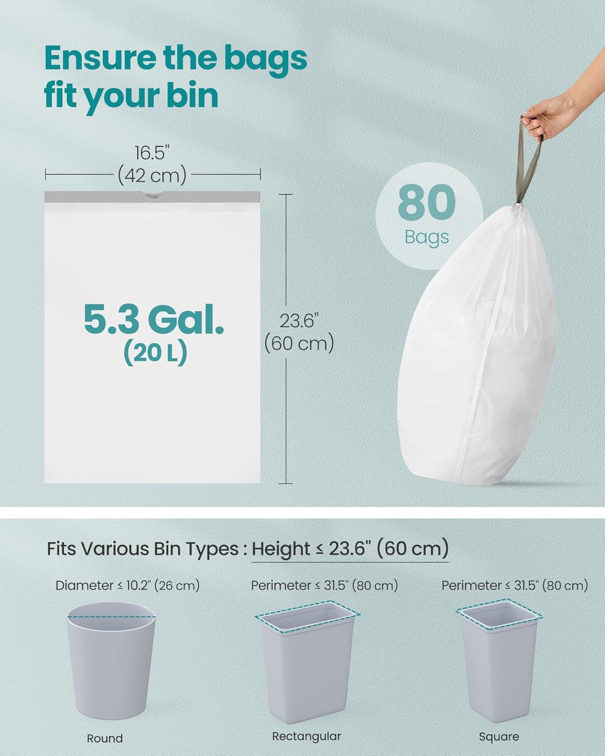 SONGMICS Trash Bags for 5.3 Gallon (20 L) Trash Cans, Drawstring Kitchen Garbage Bags, Pre-Separated, Quick-Dispense Box, Liner Code L, 2 Rolls, 80 Count, White UKRB021A02
