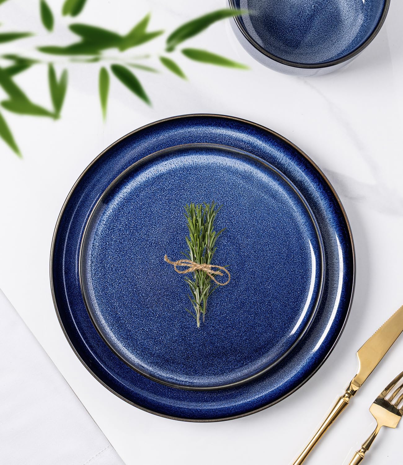 TheTerra Ceramic Dinnerware Sets for 4, 12 Pieces Handmade Reactive Glaze Plates and Bowls Set, Scratch Resistant Dish Set, Oven & Microwave & Dishwasher Safe, Blue