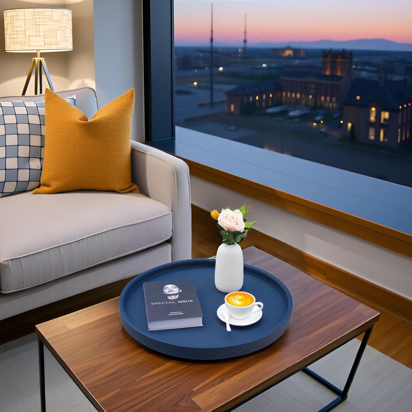 20-inch Round Ottoman Serving Tray - Textured PU Leather Coffee Table Decor, Waterproof Heat-Resistant Large Organizer for Home, Office, Bed & Party Essentials (Navy Blue, 20in)