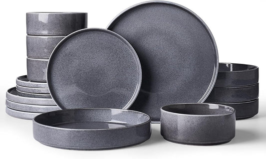 Famiware Annecy Plates and Bowls Sets, Service for 4 (16 Pieces), Dinnerware Sets with Pasta Bowls, Microwave and Dishwasher Safe Dishes Set, Chip and Scratch Resistant, Misty-Blue