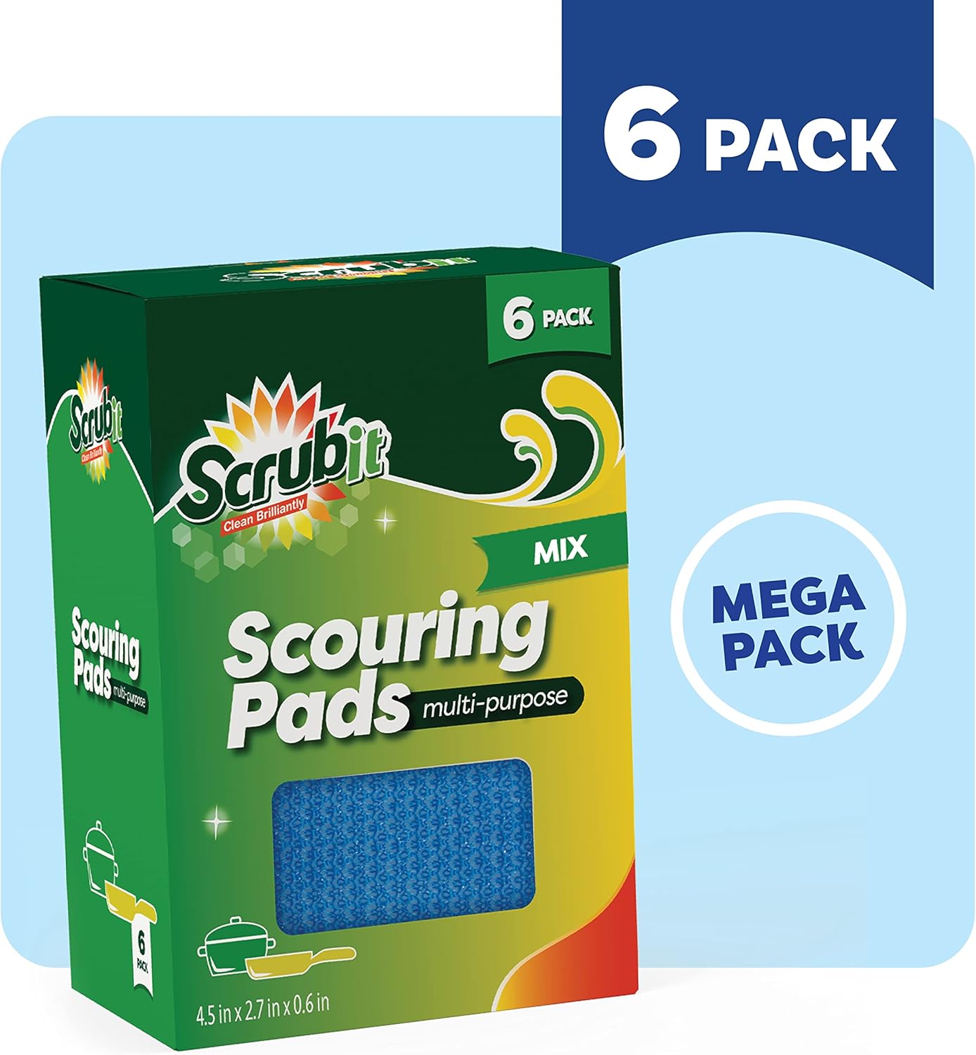 SCRUBIT Multi-Purpose Scouring Pad - Non-Scratch Cleaning Sponges for Pots, Pans, Dishes, Utensils & Non-Stick Cookware - Scrubbing Pads Use for Kitchen, Bathroom - 6 Pack Dish Sponge - (Colored)