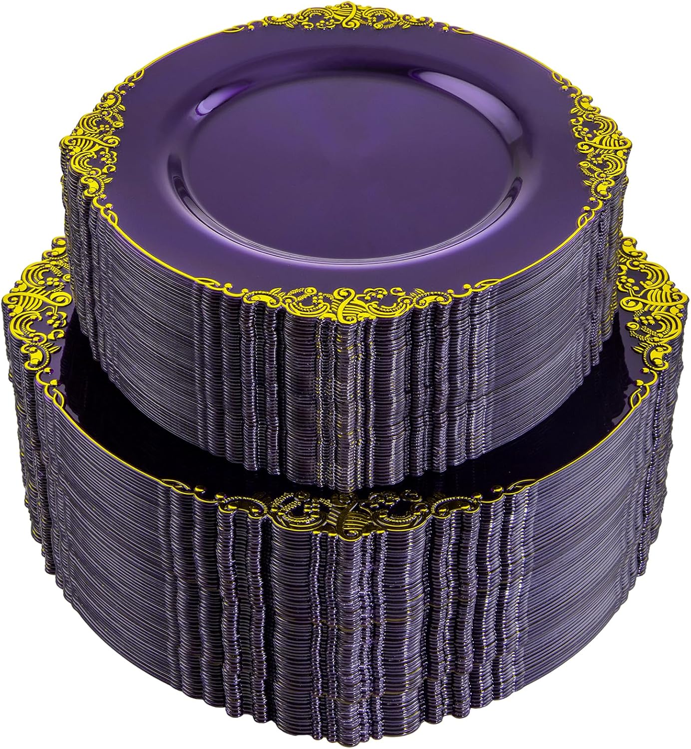 102PCS Purple and Gold Plastic Plates - High End Purple Disposable Plate - Vintage Party Dinner & Dessert Plates for 51 Guests Wedding & Halloween Party