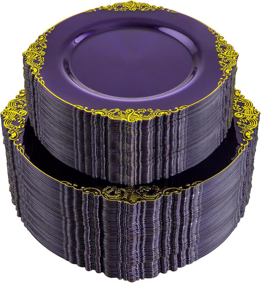 102PCS Purple and Gold Plastic Plates - High End Purple Disposable Plate - Vintage Party Dinner & Dessert Plates for 51 Guests Wedding & Halloween Party