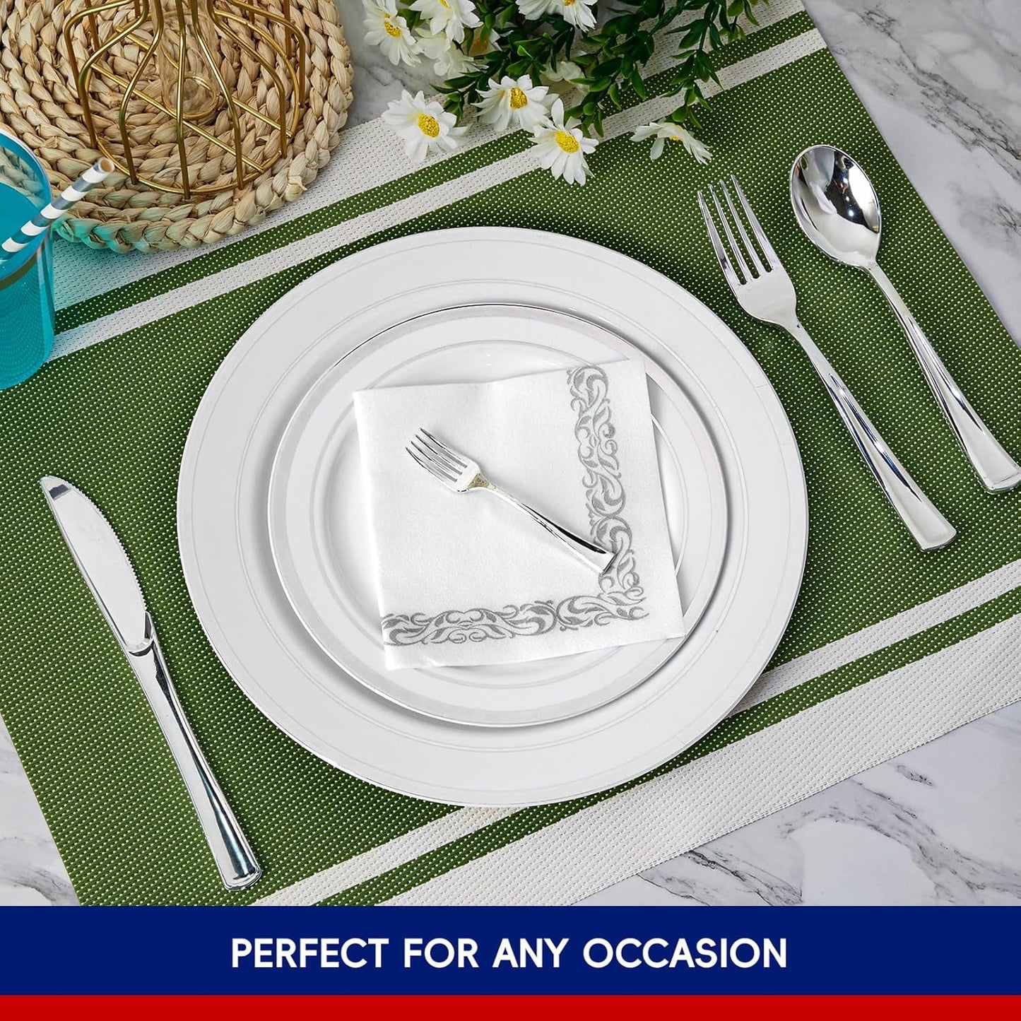 250 Count Silver Disposable Plastic Dinnerware Set, 50 Silver Plates, 25 Plastic Silverware, 25 Cups and Straws, 50 Napkins, Perfect for Wedding Party