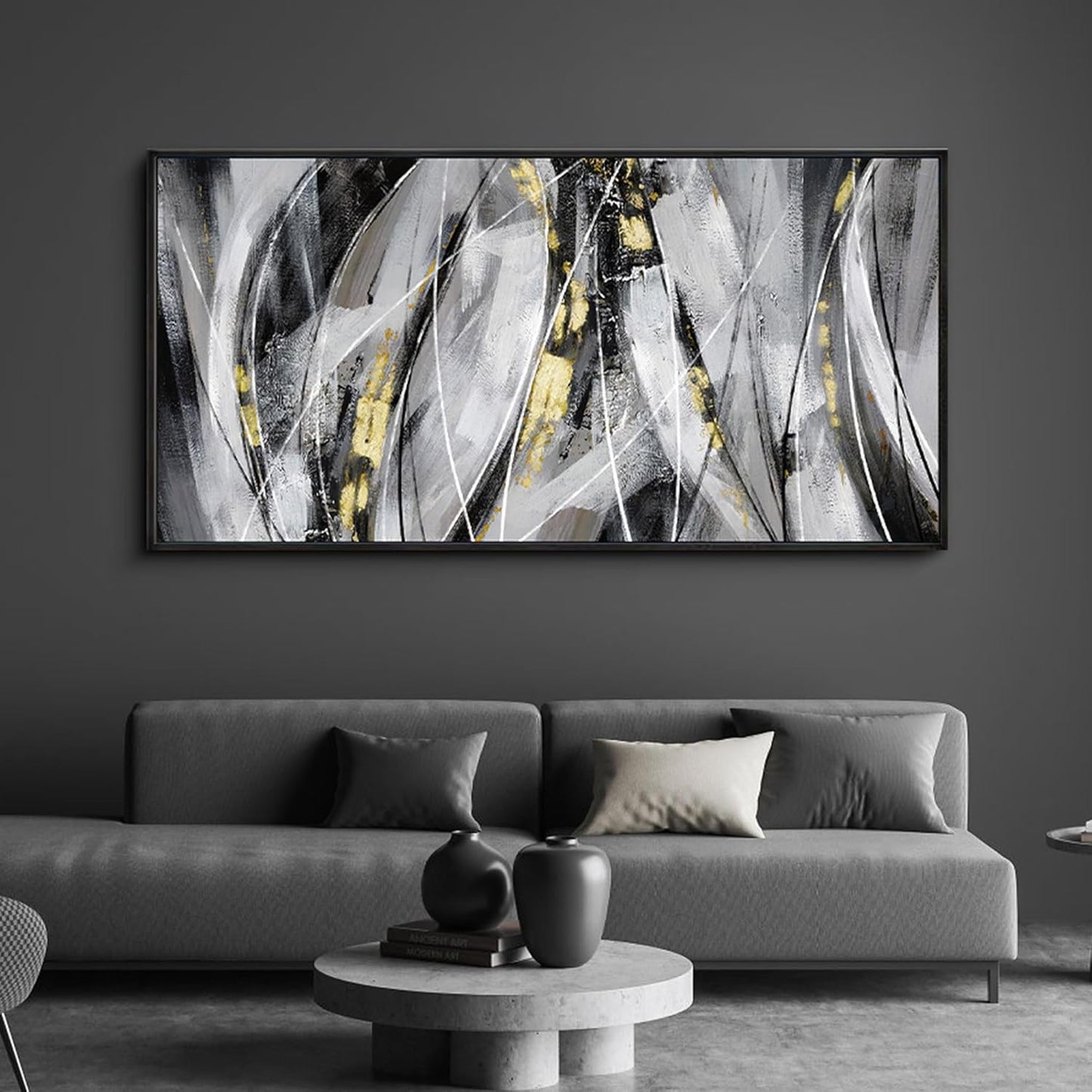 KLAKLA Abstract Frame Wall Art - Black and White Picture for Living Room Black and Gold Framed Artwork Canvas Art Work for Office Home Decor Bedroom Wall Decoration - 48x24 Inches