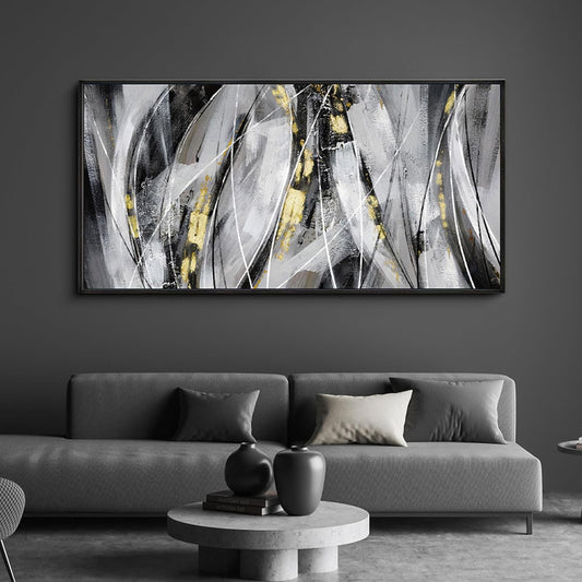 KLAKLA Abstract Frame Wall Art - Black and White Picture for Living Room Black and Gold Framed Artwork Canvas Art Work for Office Home Decor Bedroom Wall Decoration - 48x24 Inches