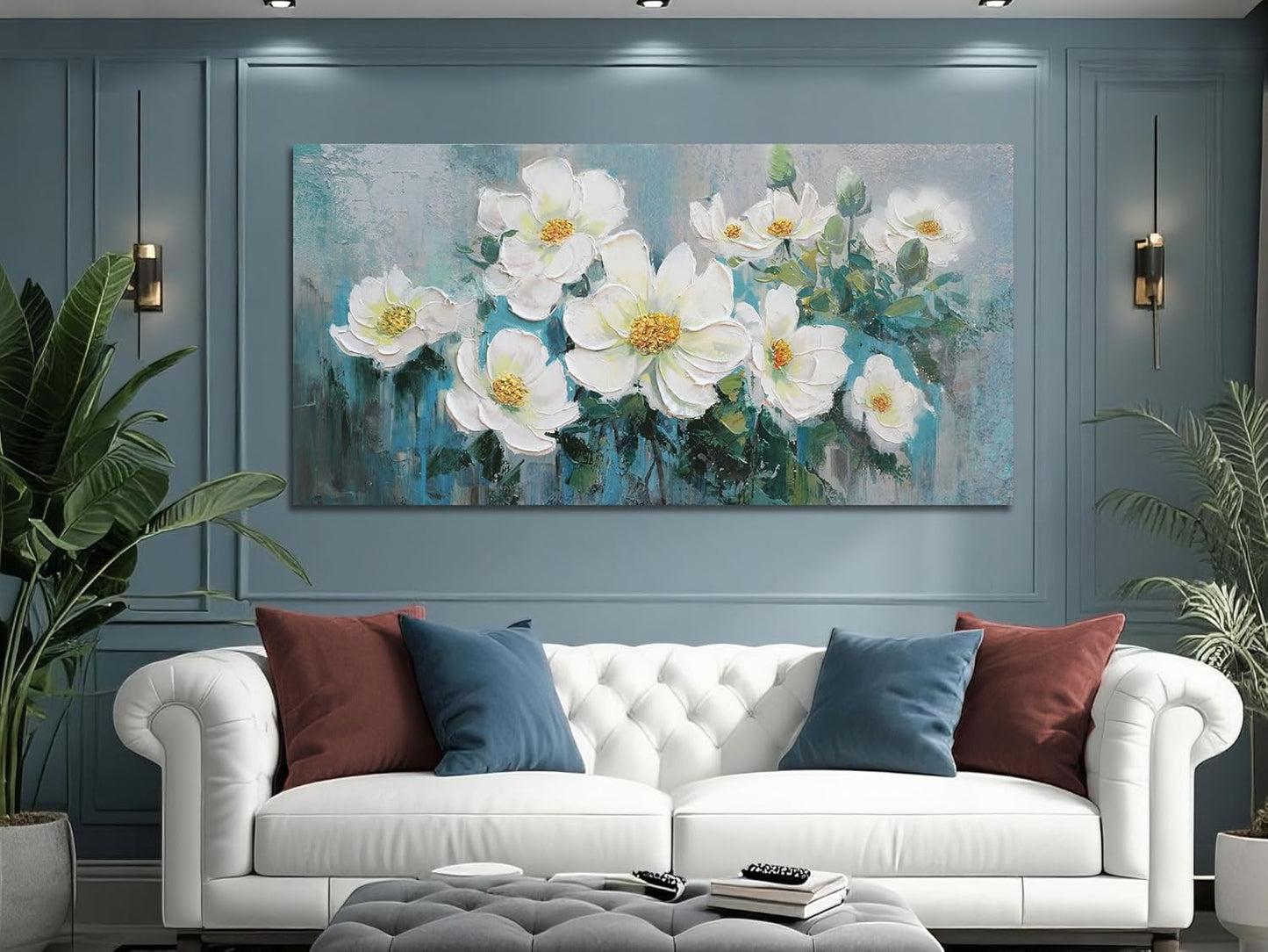 Ardemy White Floral Canvas Wall Art Large Teal Textured Pictures Wall Decor Turquoise Paintings Artwork for Living Room Bedroom Home Office, 48"x24"