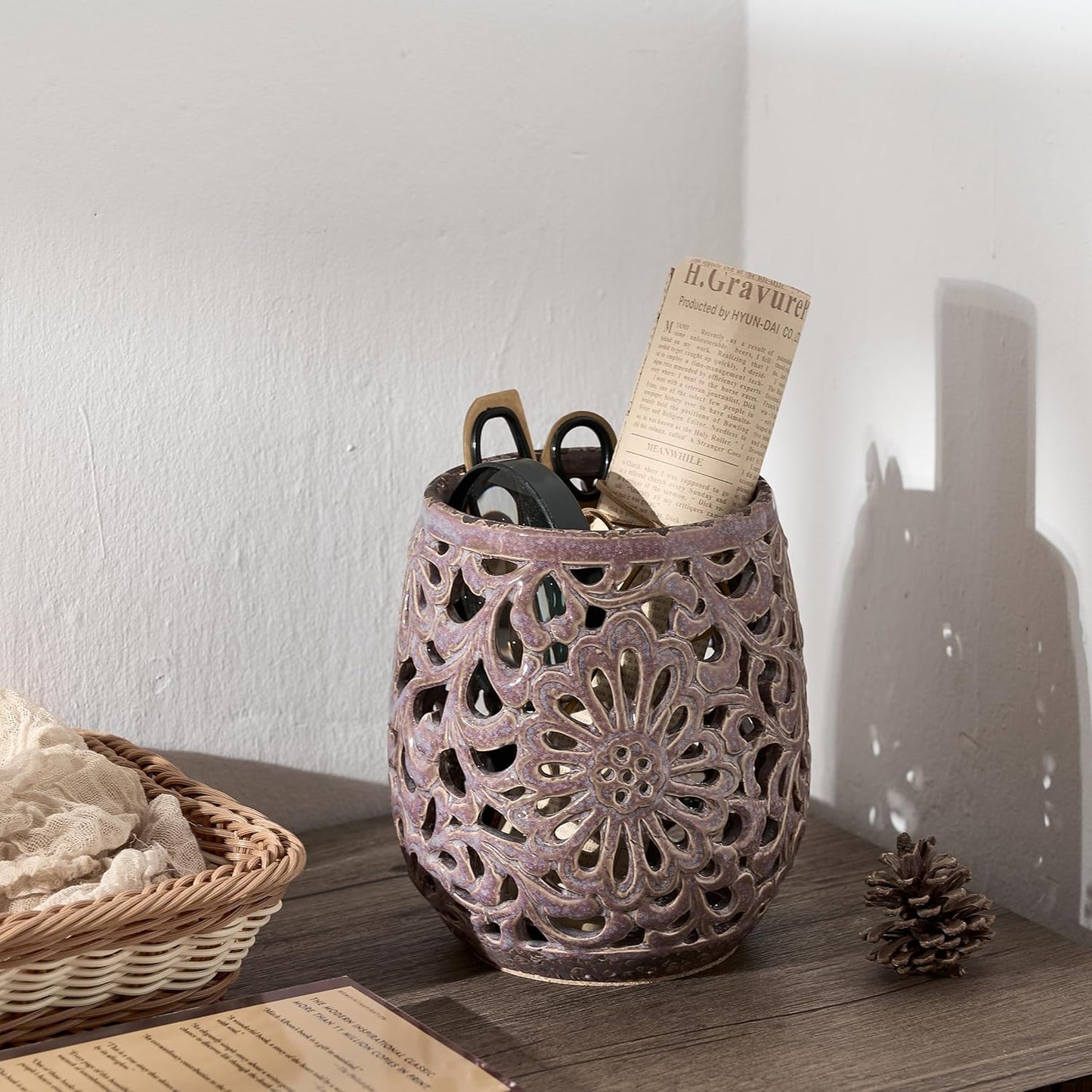 Farmhouse Kitchen Utensil Holder for Kitchen Counter, Ceramic Large Cooking Utensil Crock with Cork Mat, Countertop Cooking Tool Spatula Organizer, Purple Antique Design