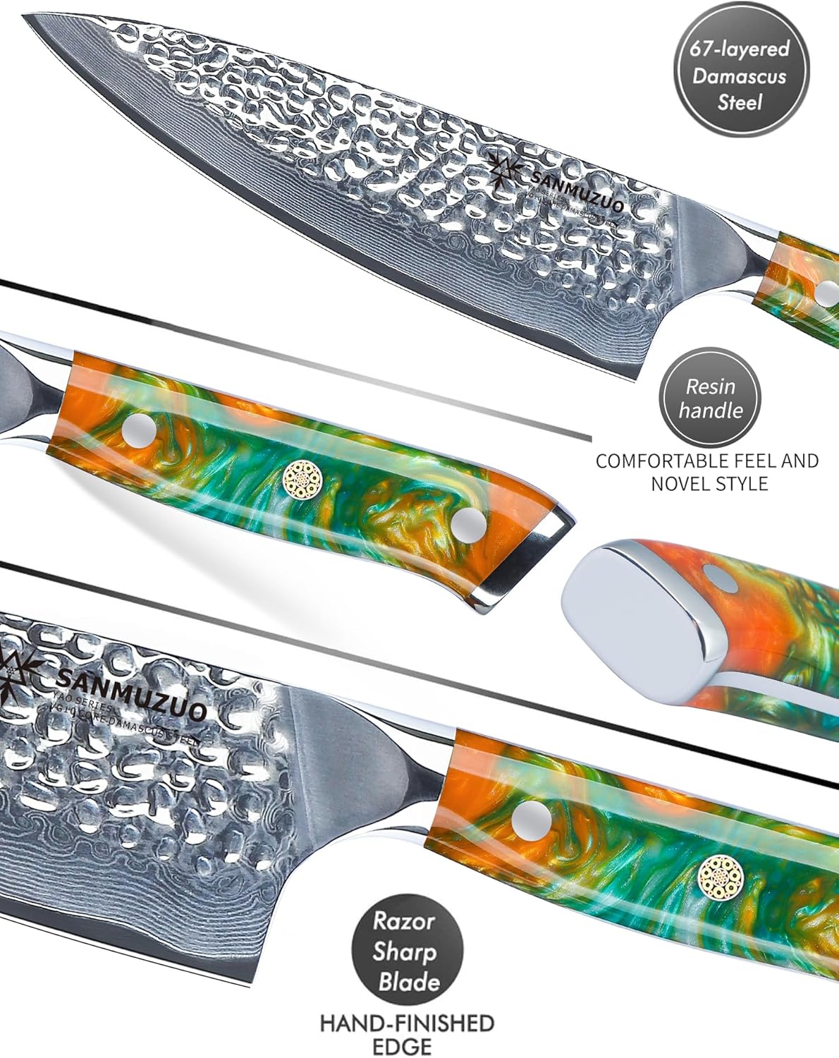 8" Chef Knife - Professional Kitchen Knife - Hammered Damascus Steel & Resin Handle - YAO Series