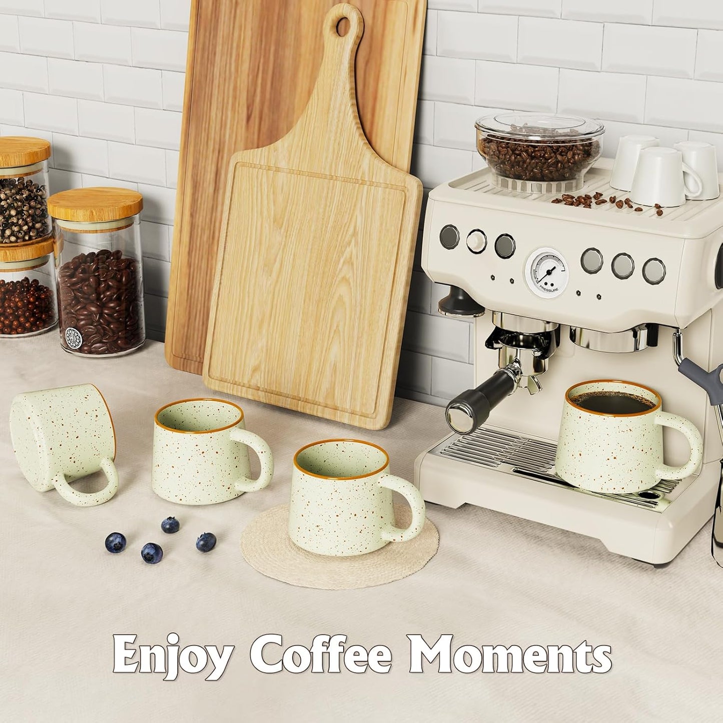 12 oz Coffee Mugs Set of 4, Modern Stackable Coffee Cups Set for Latte, Hot Tea, Cappuccino, Ceramic Coffee Mug Tea Cup, Dishwasher & Microwave Safe, Housewarming Wedding Present (Beige)