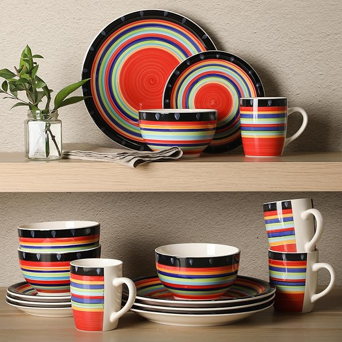 Gibson Home Festival Rings 16-Piece Stoneware Dinnerware Set – Colorful Hand-Painted Plates, Bowls & Mugs, Service for 4, Dishwasher & Microwave Safe Vibrant Tableware