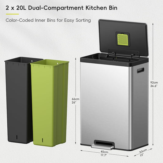 EKO EcoCasa II Rectangular Kitchen Step Trash Can, 20L+20L Dual Compartment Recycling Bins, Stainless Steel Lid and Pedal, Odor-Proof, Fingerprint Resistant