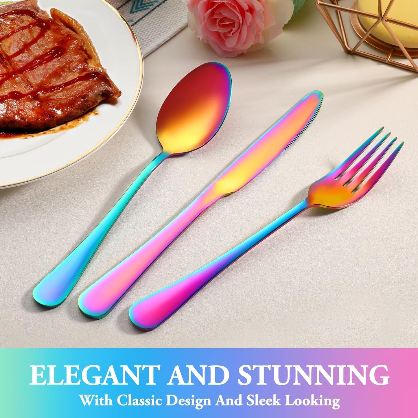 48 Pcs Rainbow Silverware Set with Steak Knives Service for 8,Stainless Steel Flatware Set,Mirror Polished Cutlery Utensil Set, Kitchen Eating Tableware,Include Fork Knife Spoon Set,Dishwasher Safe