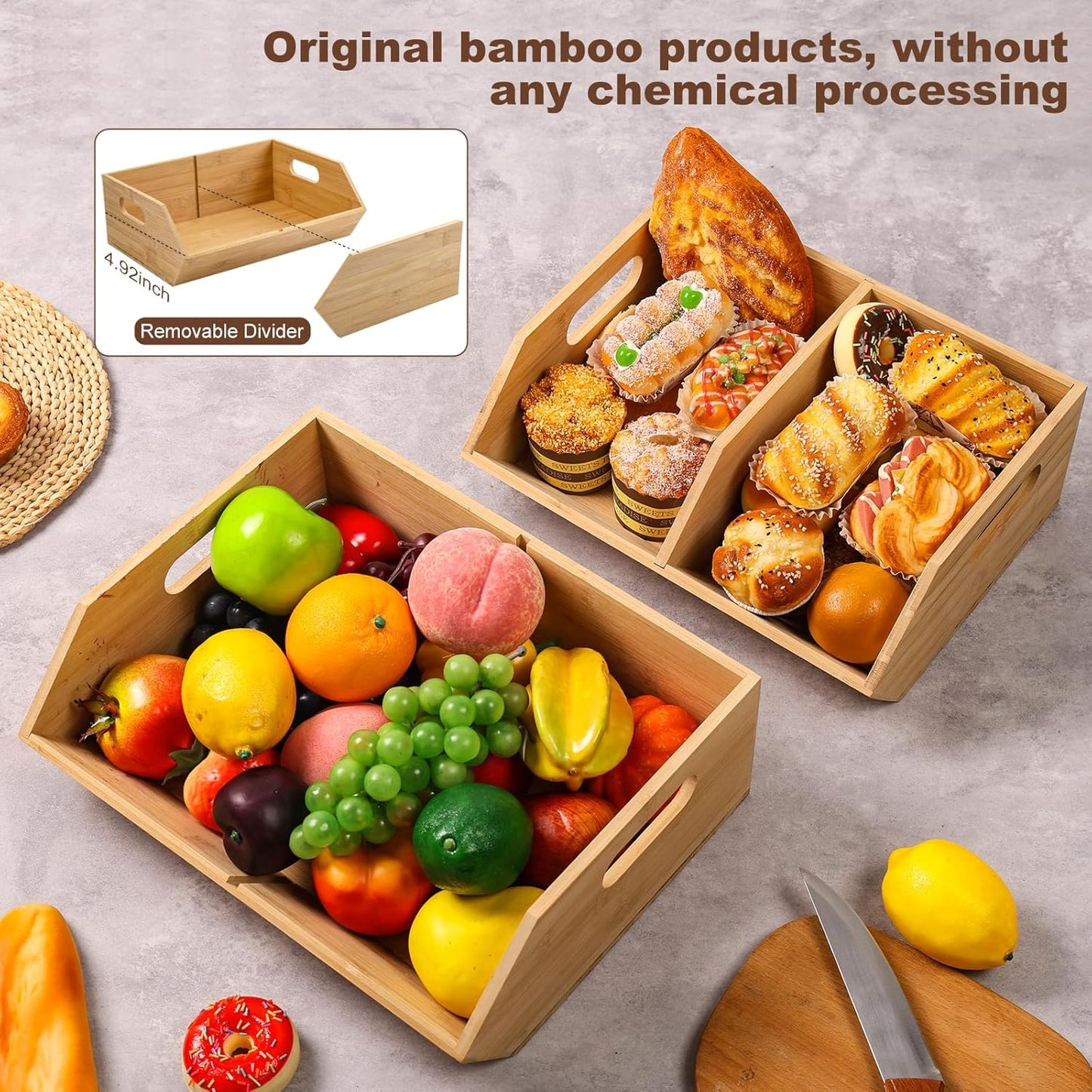 2 Set Bamboo Storage Bins, Pantry Organizers and Storage, Kitchen Countertop Organization and Storage Basket for Produce, Onions, Potatoes, Garlic, Fruits, Vegetable and Bread