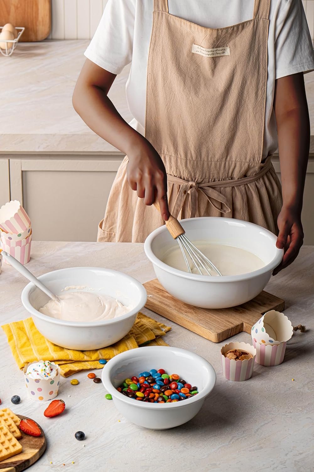 3-Piece Poecelain Mixing Bowls Set For Prepping, Serving, Gift,Baking and Cooking, Preheated Oven, Microwave, and Freezer, Dishwasher Safe (Pure White)