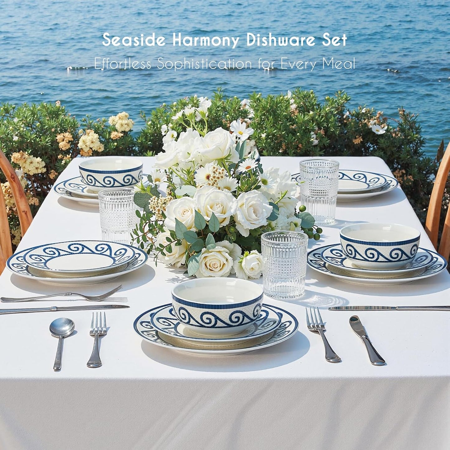 12-Piece Dinnerware Set for 4, Stoneware Kitchen Plates & Bowls Set, Coastal Dinnerware Sets, Microwave & Dishwasher Safe Scratch Resistant, Vintage Dishware Set for Everyday Use & Family Meals