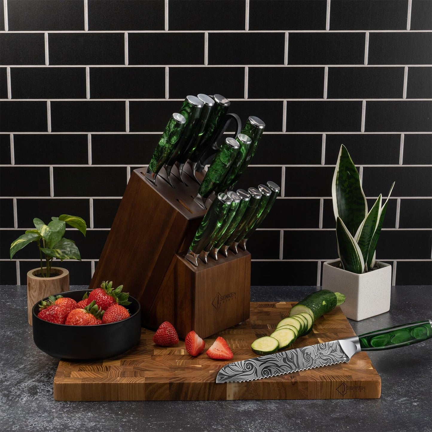 SENKEN Engraved Japanese Kitchen Knife Set with Beautiful Green Resin Wood Handles - Wasabi Collection - Chef's Knife, Bread, Cleaver, Paring, & More (16-Piece Knife Block Set)