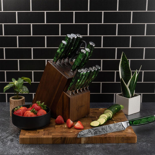 SENKEN Engraved Japanese Kitchen Knife Set with Beautiful Green Resin Wood Handles - Wasabi Collection - Chef's Knife, Bread, Cleaver, Paring, & More (16-Piece Knife Block Set)