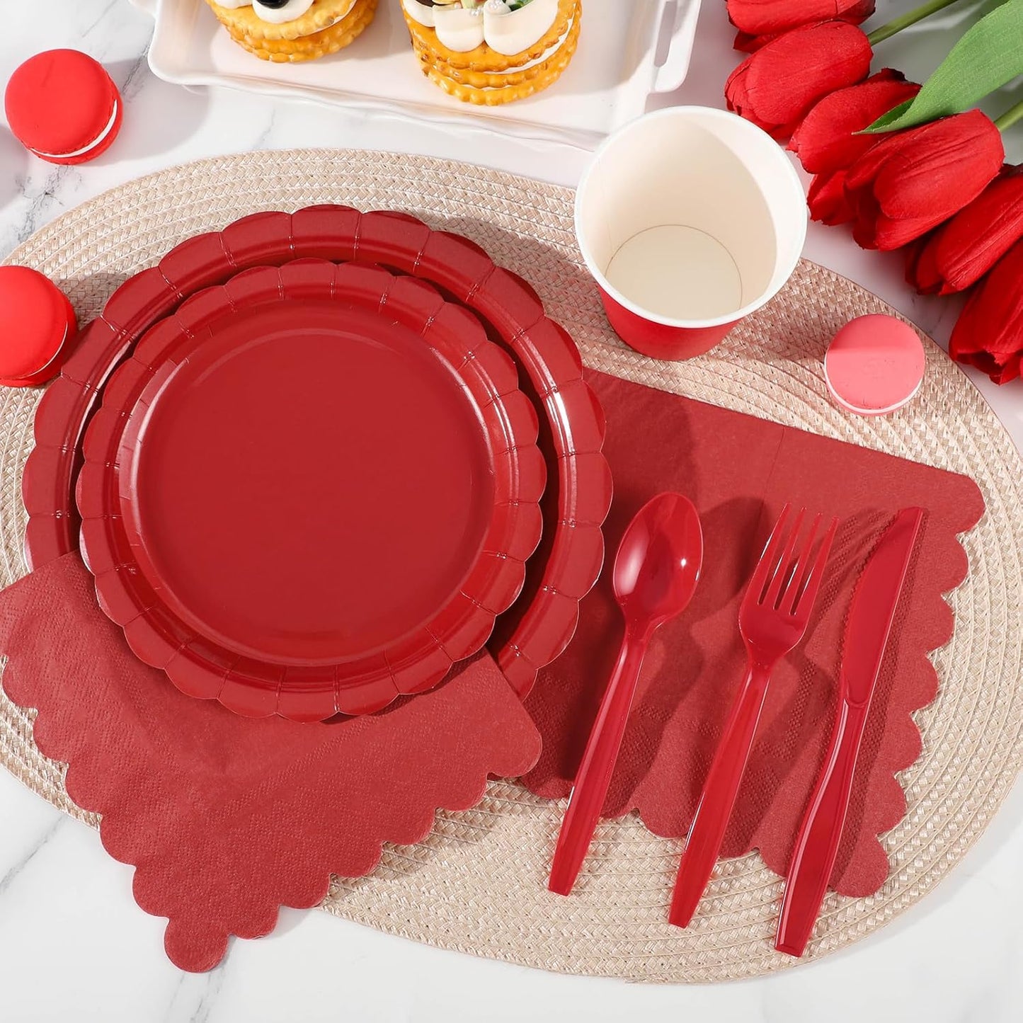 175 Pcs Red Plates and Napkins, 25 Guest Red Party Supplies Include Christmas Plates and Napkins Cups Plastic Spoons Forks Knives for Birthday, Christmas, Picnic