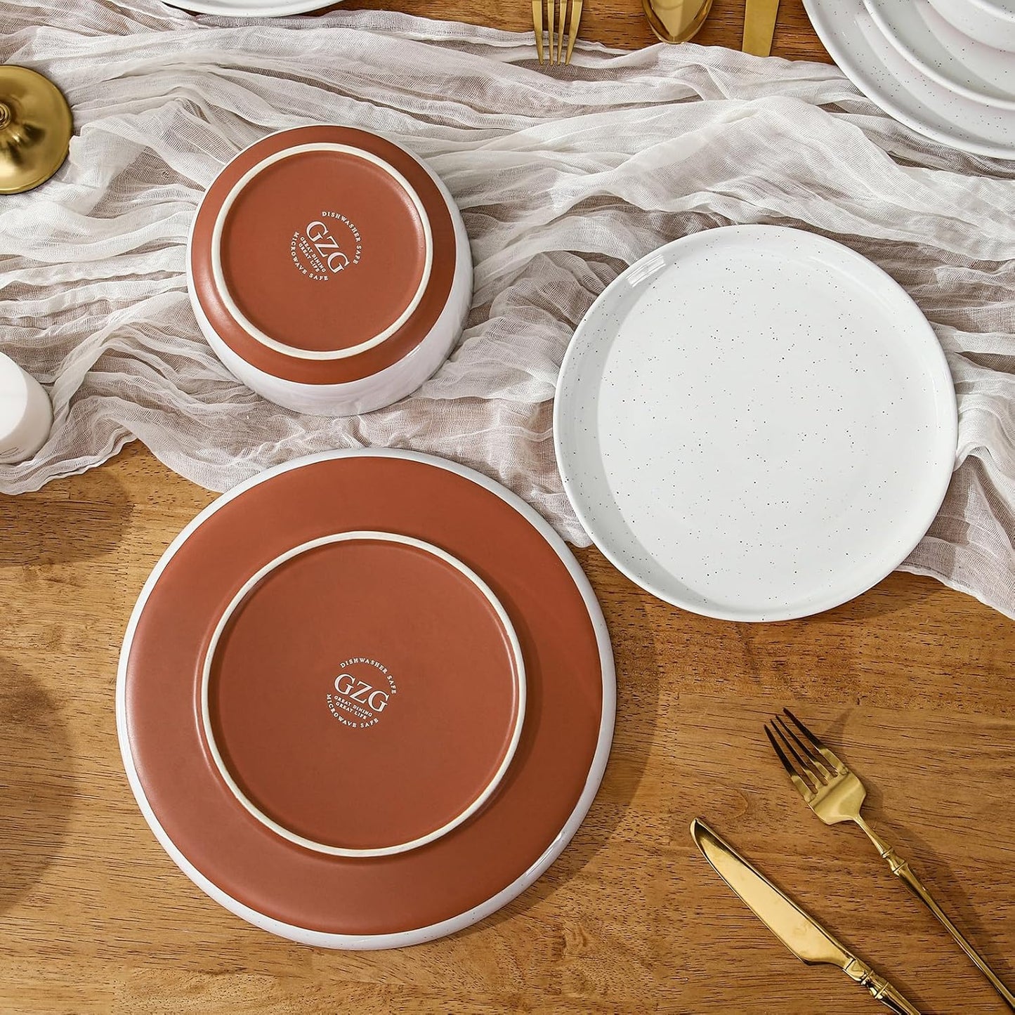 GZG Modern Art Series - 6 Pcs Speckled Stoneware Plates and Bowls Sets, Ceramic Dinnerware Set with Rustic Terracotta Underside, Microwave and Dishwasher Safe Handcrafted Dishes Set - Porcelain White