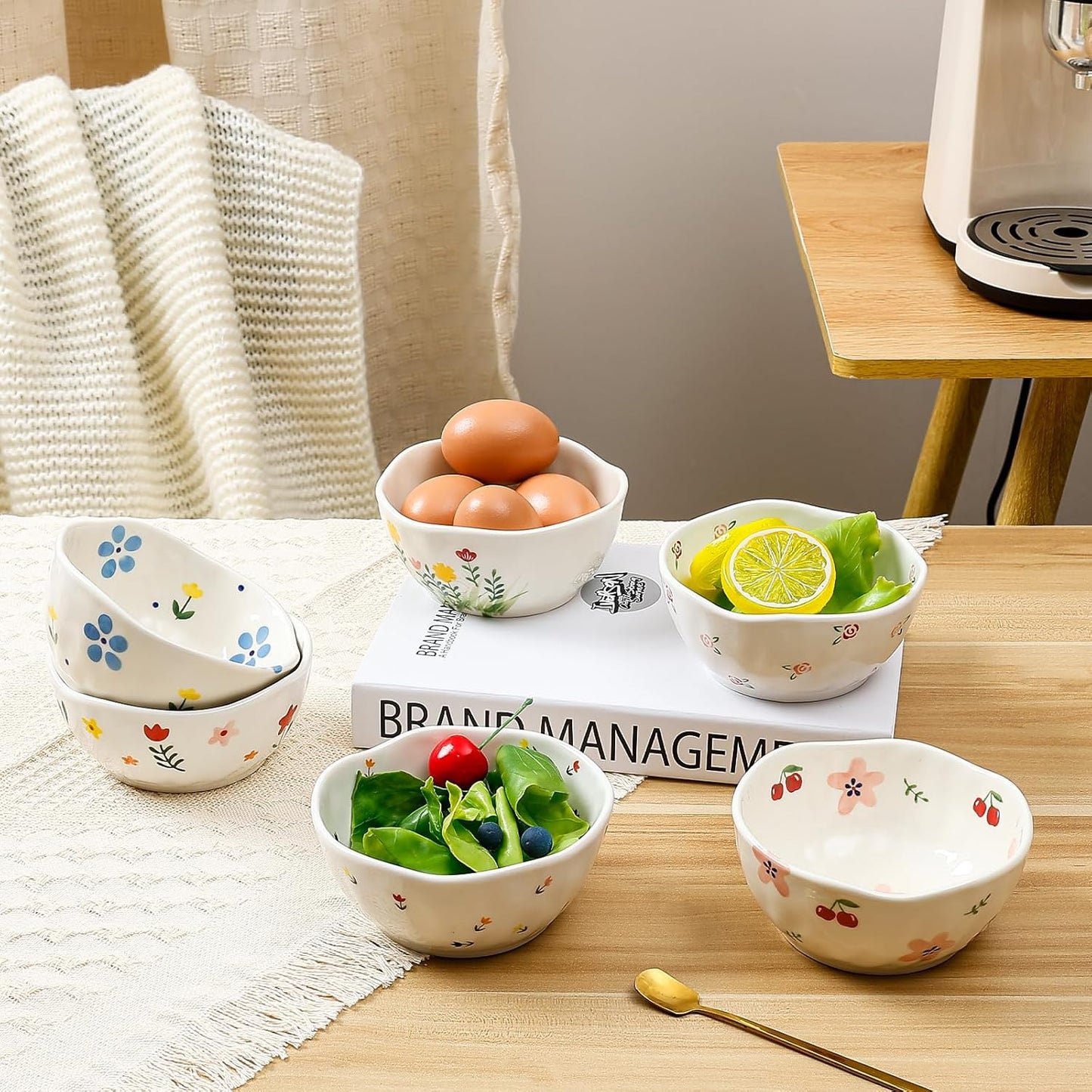 Koythin Ceramic Cereal Bowl, Cute Flowers Pattern Kitchen Bowls for Cereal, Salad, Pasta, Soup, Dessert, Serving, Home Decor, Microwave and Dishwasher Safe (White Floral Fragments)